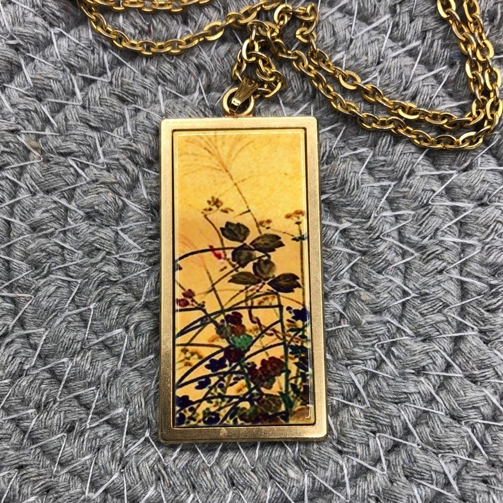 Wild Flowers Portrait Pendant Chain Necklace-Signed-Vintage